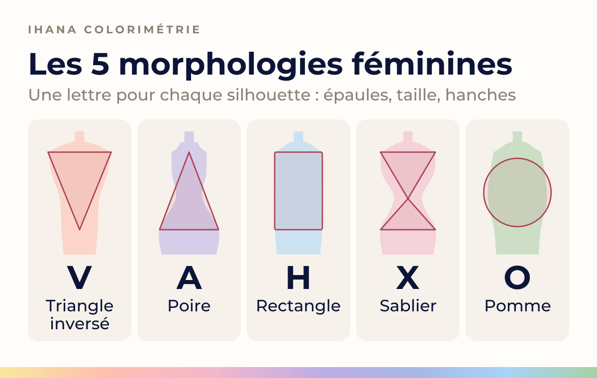 Les cinq morphologies féminines en schémas : triangle inversé (V), poire (A), rectangle (H), sablier (X), pomme (O)