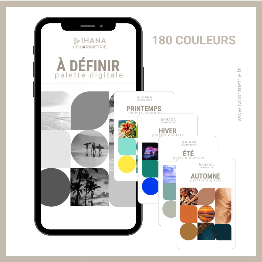 Palette digitale « à définir » : visuel en noir et blanc, avec les palettes printemps, hiver, été et automne empilées derrière le téléphone