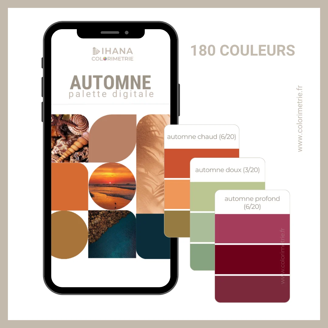 Palette digitale automne : un téléphone affiche la palette « Automne » avec trois cartes de couleurs, automne chaud, automne doux et automne profond, et la mention 180 couleurs