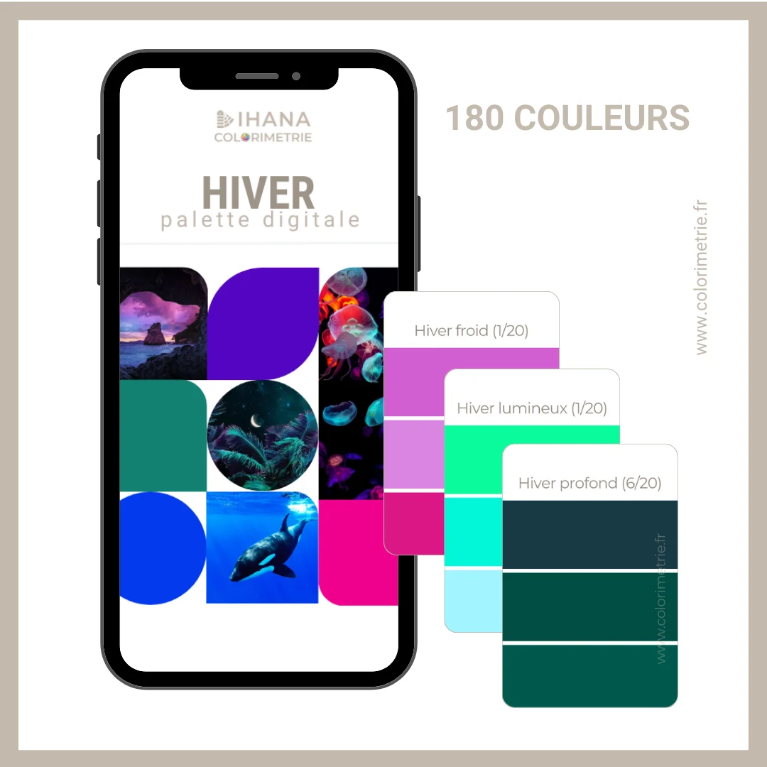 Palette digitale hiver : un téléphone affiche la palette « Hiver » avec trois cartes de couleurs, hiver froid, hiver lumineux et hiver profond, et la mention 180 couleurs