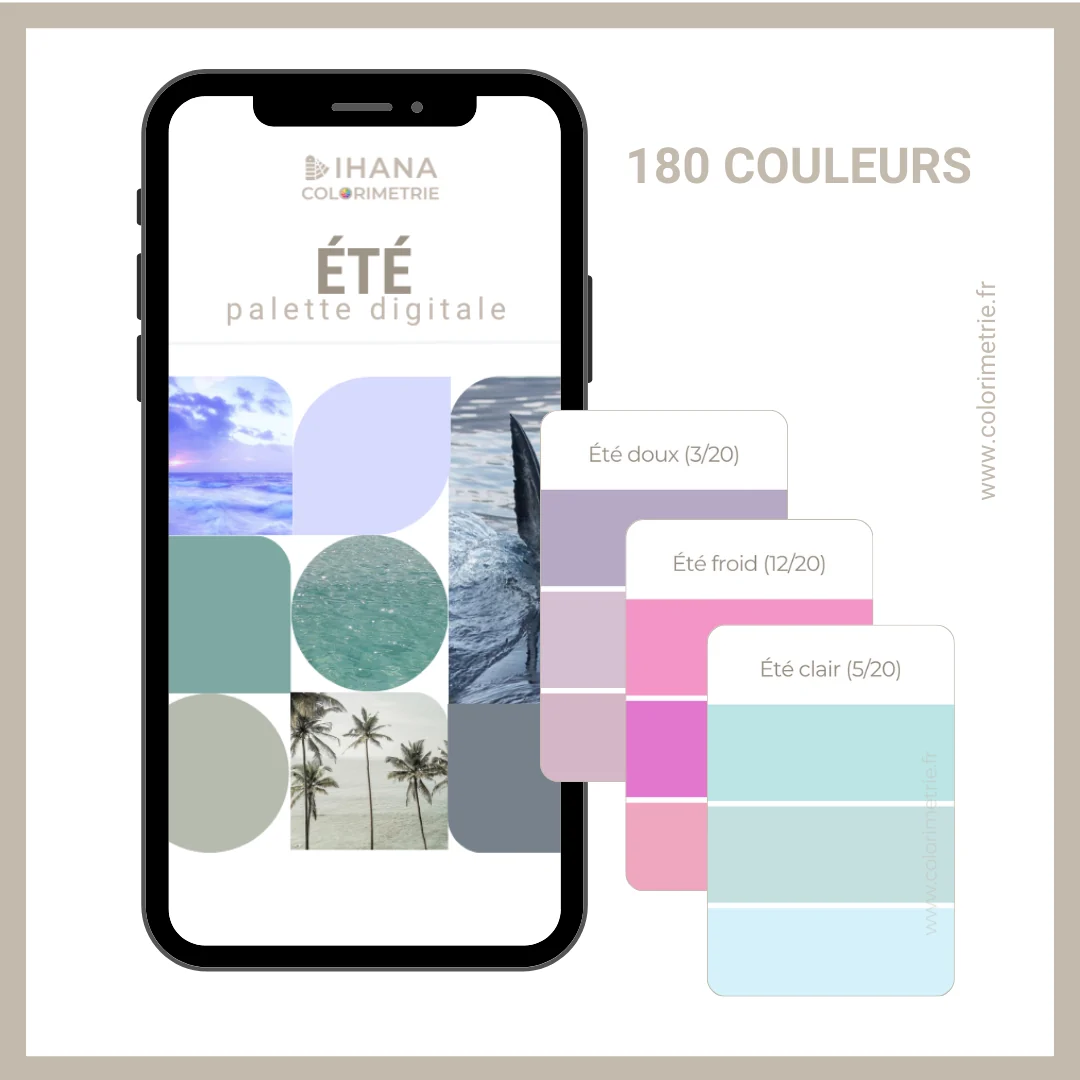 Palette digitale été : un téléphone affiche la palette « Été » avec trois cartes de couleurs, été doux, été froid et été clair, et la mention 180 couleurs