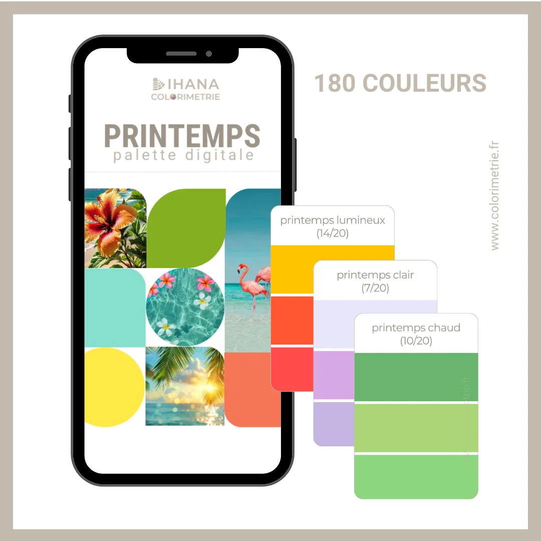 Palette digitale printemps : un téléphone affiche la palette « Printemps » avec trois cartes de couleurs, printemps lumineux, printemps clair et printemps chaud, et la mention 180 couleurs