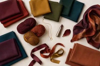 Tissus, rubans et pétale bordeaux dans les couleurs profondes de la palette automne profond