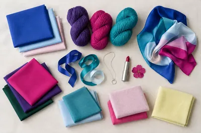 Tissus, rubans et fleur fuchsia dans les couleurs froides et nettes de la palette hiver froid