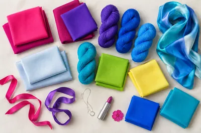 Tissus, laines et fleur rose vif dans les couleurs éclatantes de la palette hiver lumineux