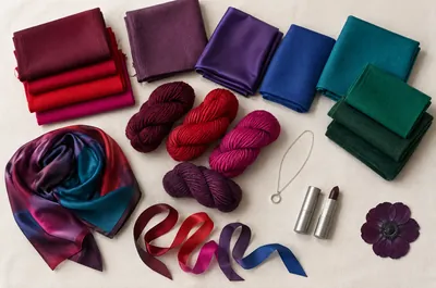 Tissus, laines et anémone prune dans les couleurs intenses de la palette hiver profond