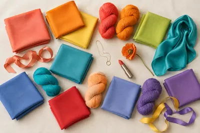 Tissus, laines et rubans aux teintes chaudes et éclatantes de la palette printemps chaud