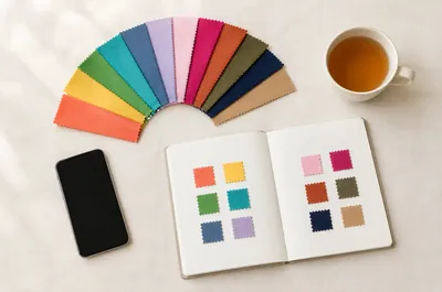 Bureau vu de dessus : téléphone à l'écran éteint, éventail d'étoffes unies en douze couleurs, carnet ouvert aux carrés de tissu collés et tasse de thé