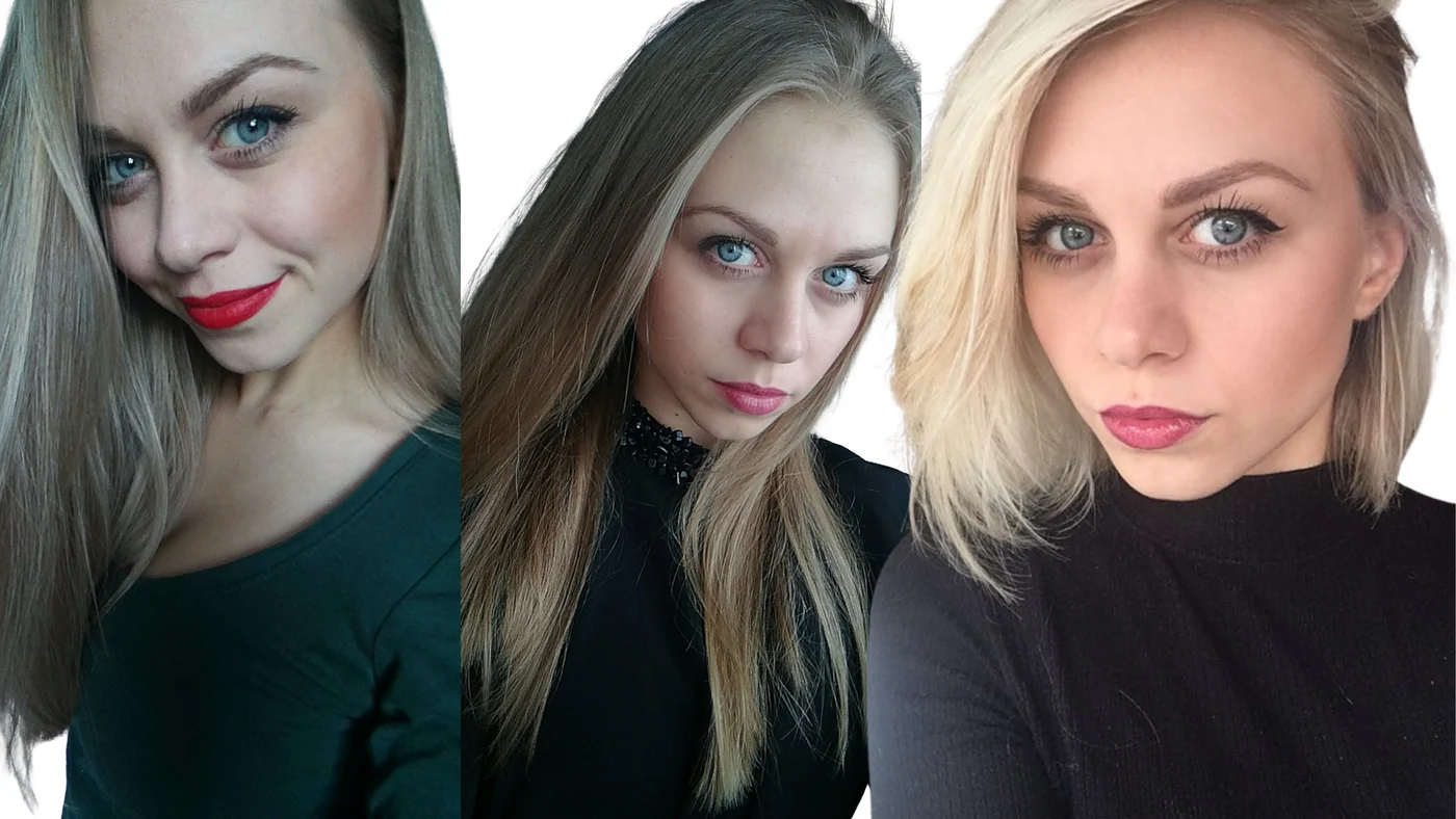 Trois portraits de Lisa avant de découvrir la colorimétrie : un haut vert foncé avec un rouge à lèvres vif, puis deux hauts noirs, dont un col roulé