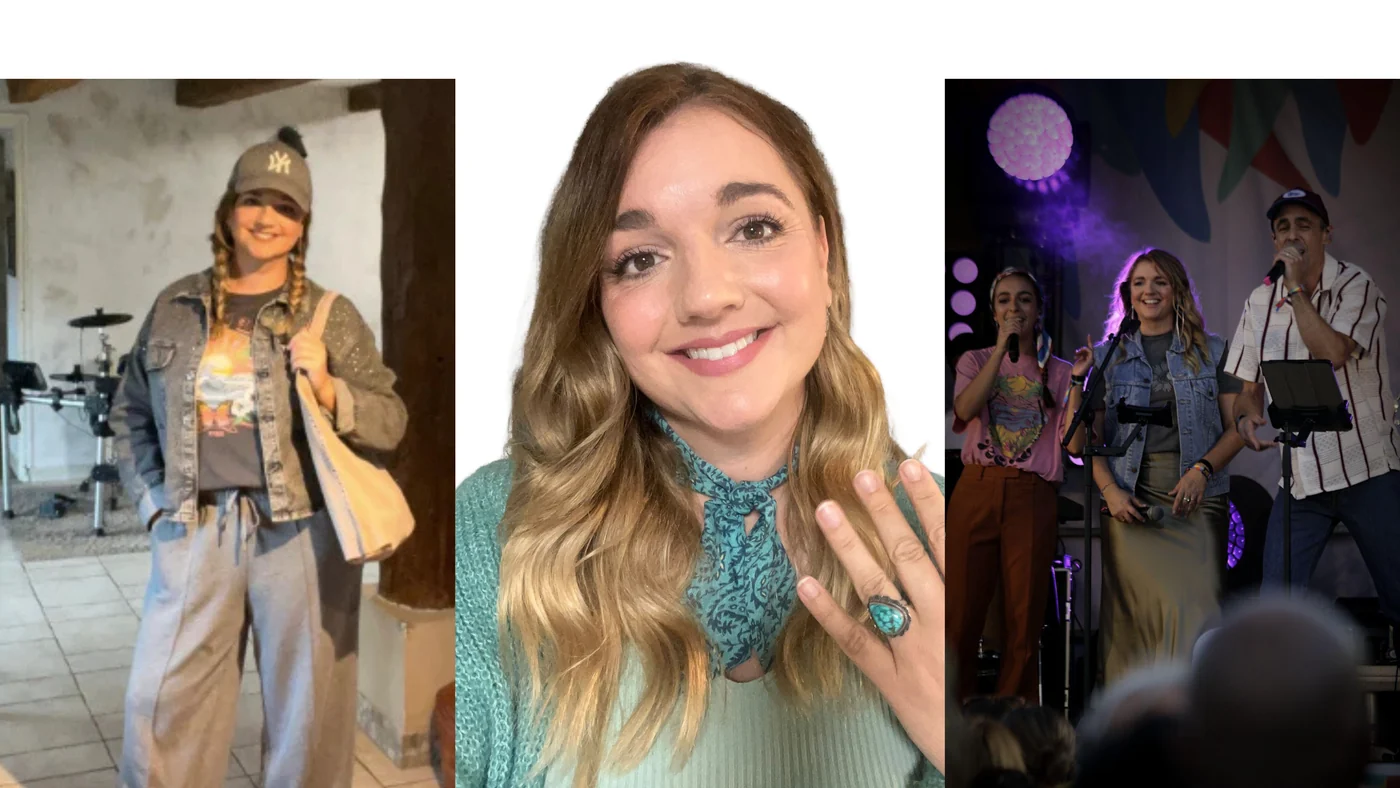 Bettina après son accompagnement : trois photos, en casquette et veste en jean avec un pantalon gris, en gros plan avec un foulard et une bague turquoise, et sur scène au micro