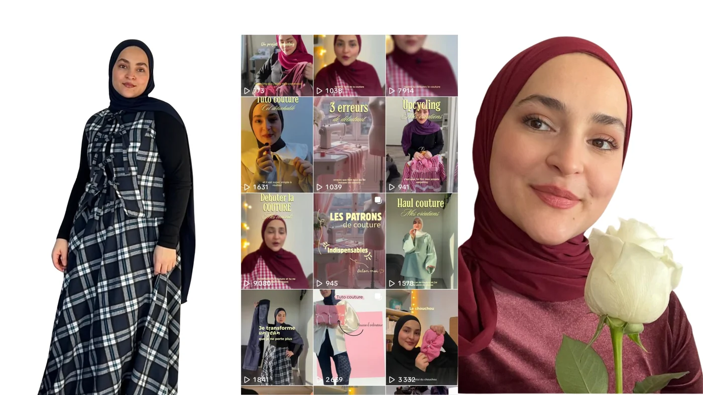 Ulkunur après Color Branding : trois visuels, une robe à carreaux noirs et blancs, la grille de ses vidéos Instagram de couture et d’upcycling, et un portrait en foulard bordeaux avec une rose blanche