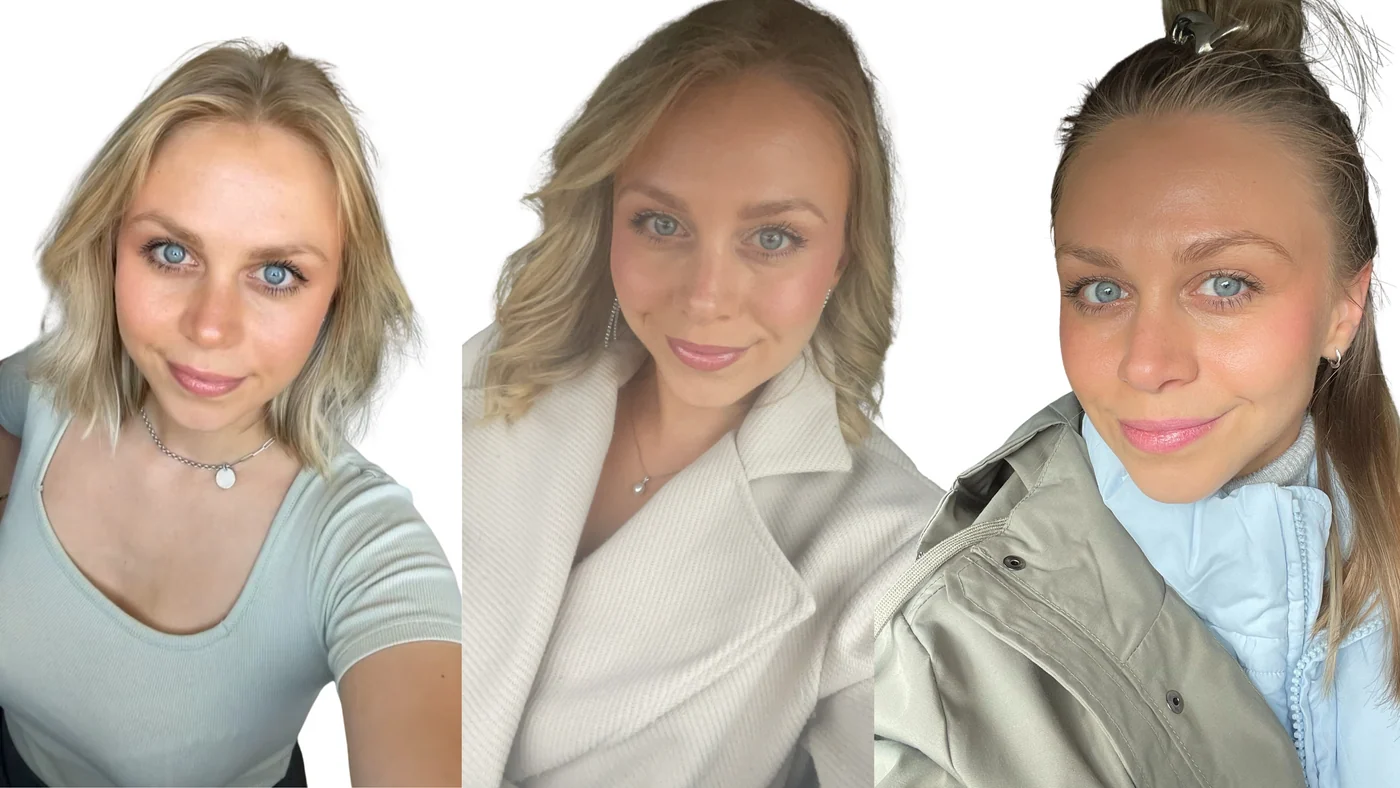 Trois portraits de Lisa avec ses couleurs : un t-shirt vert d’eau, un manteau blanc cassé et une veste kaki clair sur une doudoune bleu ciel