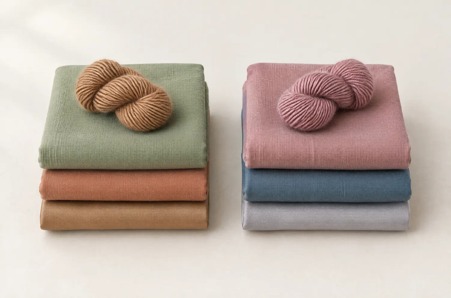 Deux piles de tissus, sauge et caramel chauds à gauche, rose et bleu doux à droite