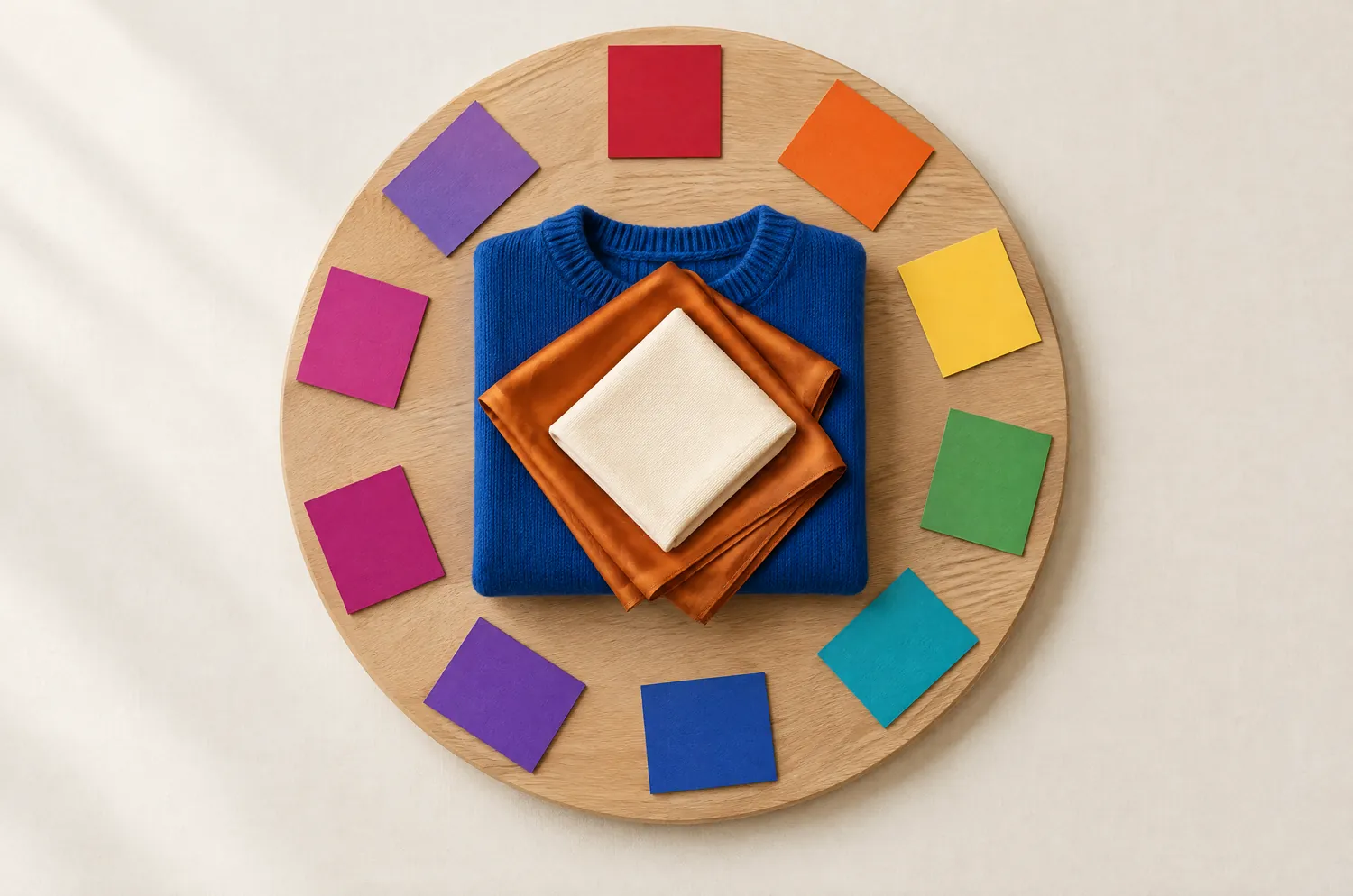 Planche ronde en chêne cerclée de pastilles de couleur du rouge au violet, avec en son centre un pull bleu cobalt et un foulard orange brûlé, deux couleurs complémentaires