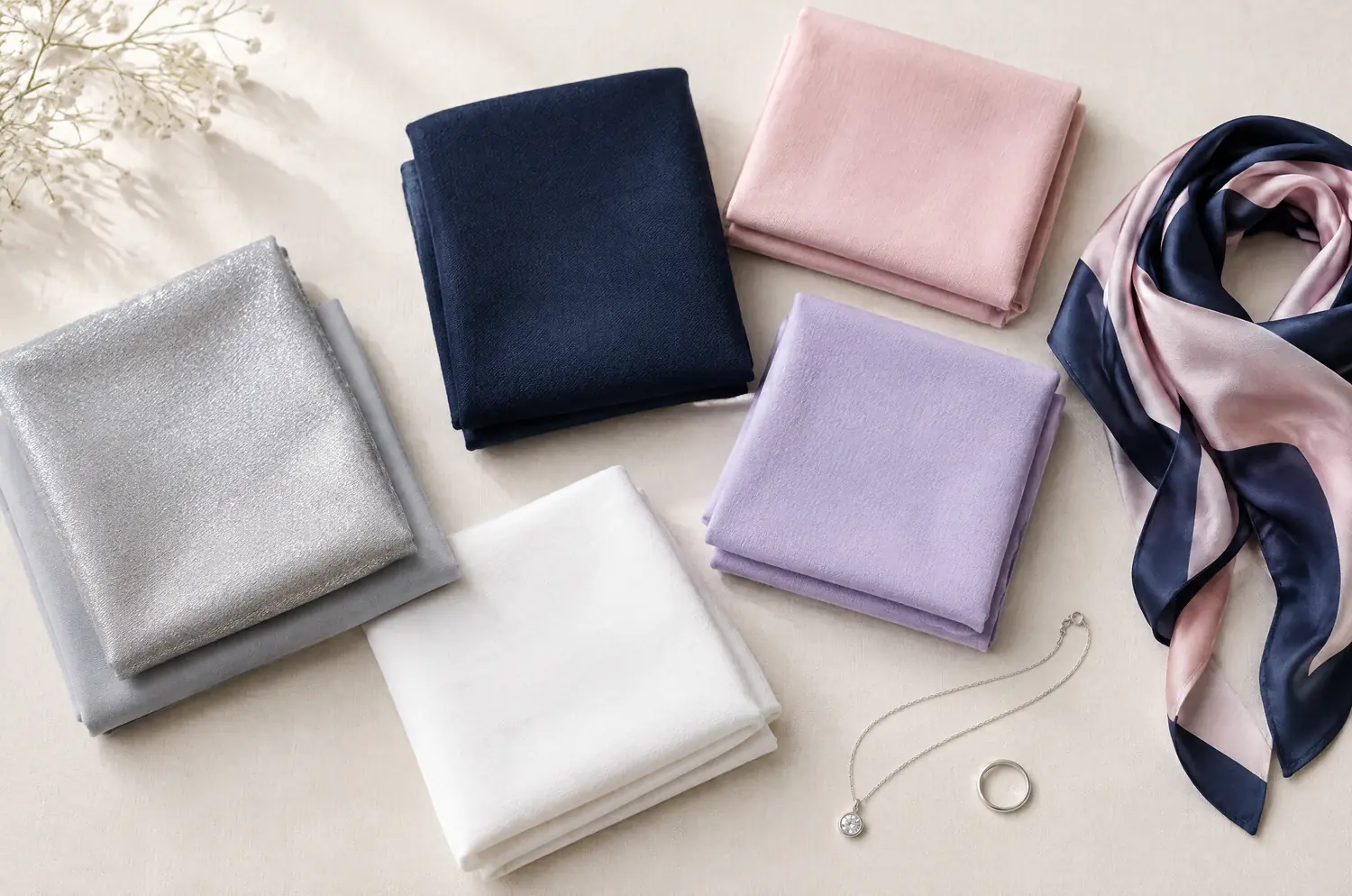 Tissus gris perle, argent, marine et rose avec un collier argenté et un foulard