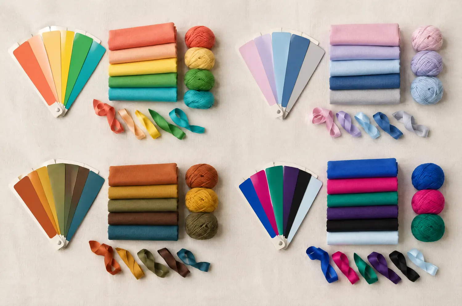 Nuanciers, tissus, laines et rubans des quatre saisons de la colorimétrie rassemblés en quatre groupes