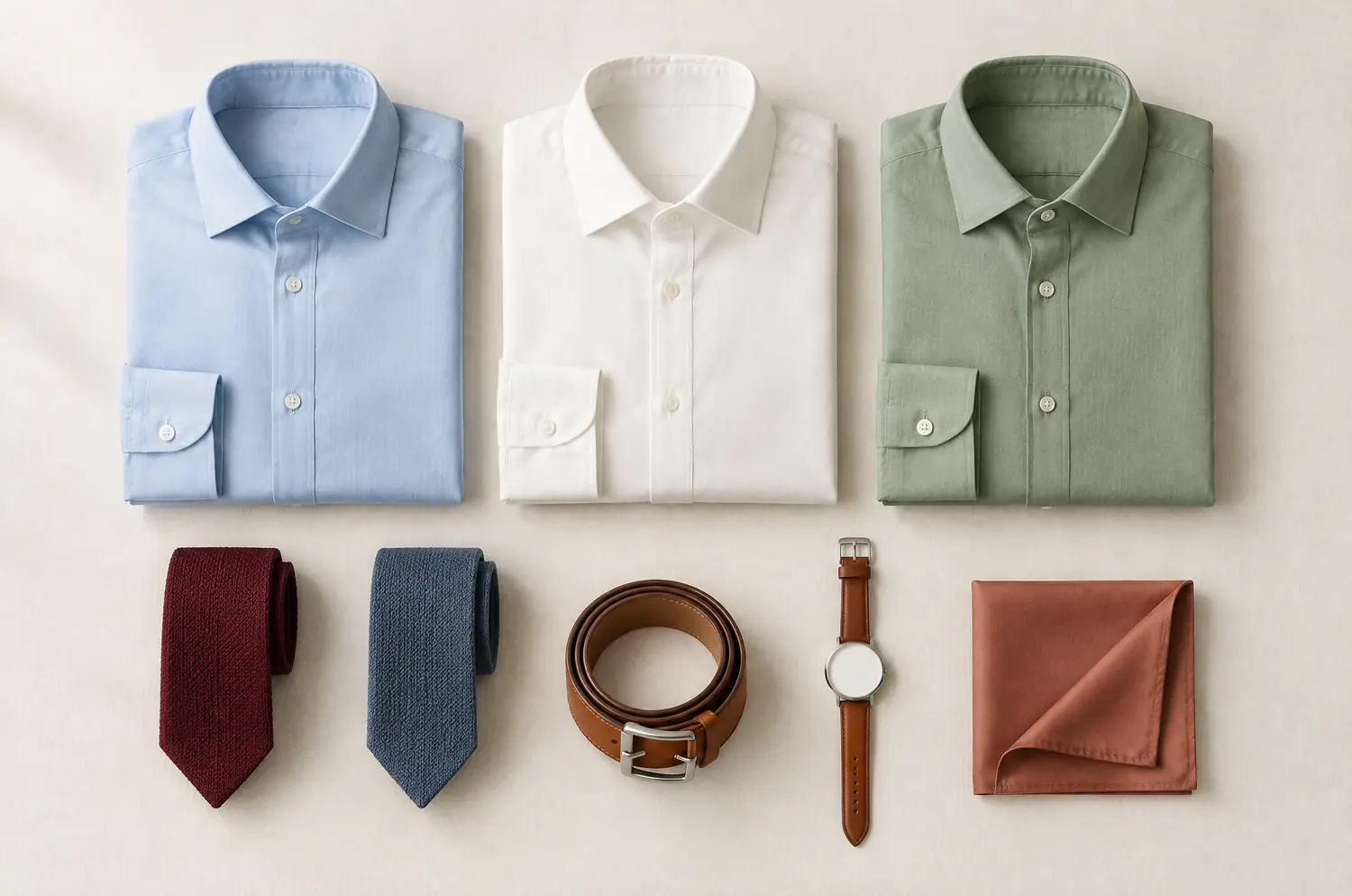 Chemises pliées, cravates, ceinture et montre aux tons variés pour la colorimétrie homme