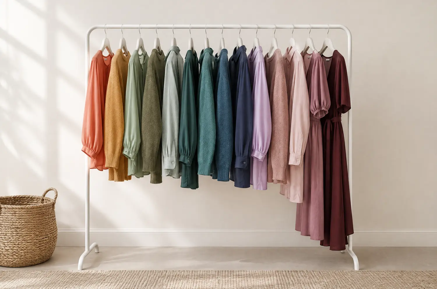 Portant de vêtements rangés par couleur, des teintes chaudes aux teintes froides, dans une pièce lumineuse