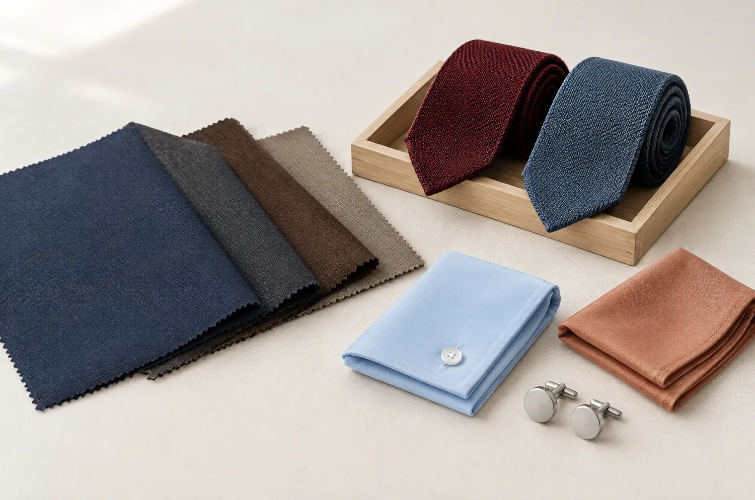 Échantillons de laine de costume en marine, anthracite, chocolat et taupe, cravates roulées dans un plateau en bois, chemise bleu ciel et pochette terracotta