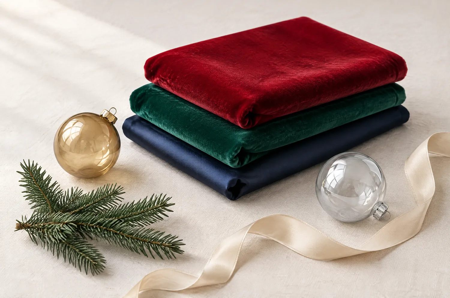 Velours rouge cerise et vert émeraude, satin bleu nuit, boules de verre dorée et argentée et brin de sapin posés sur du lin clair