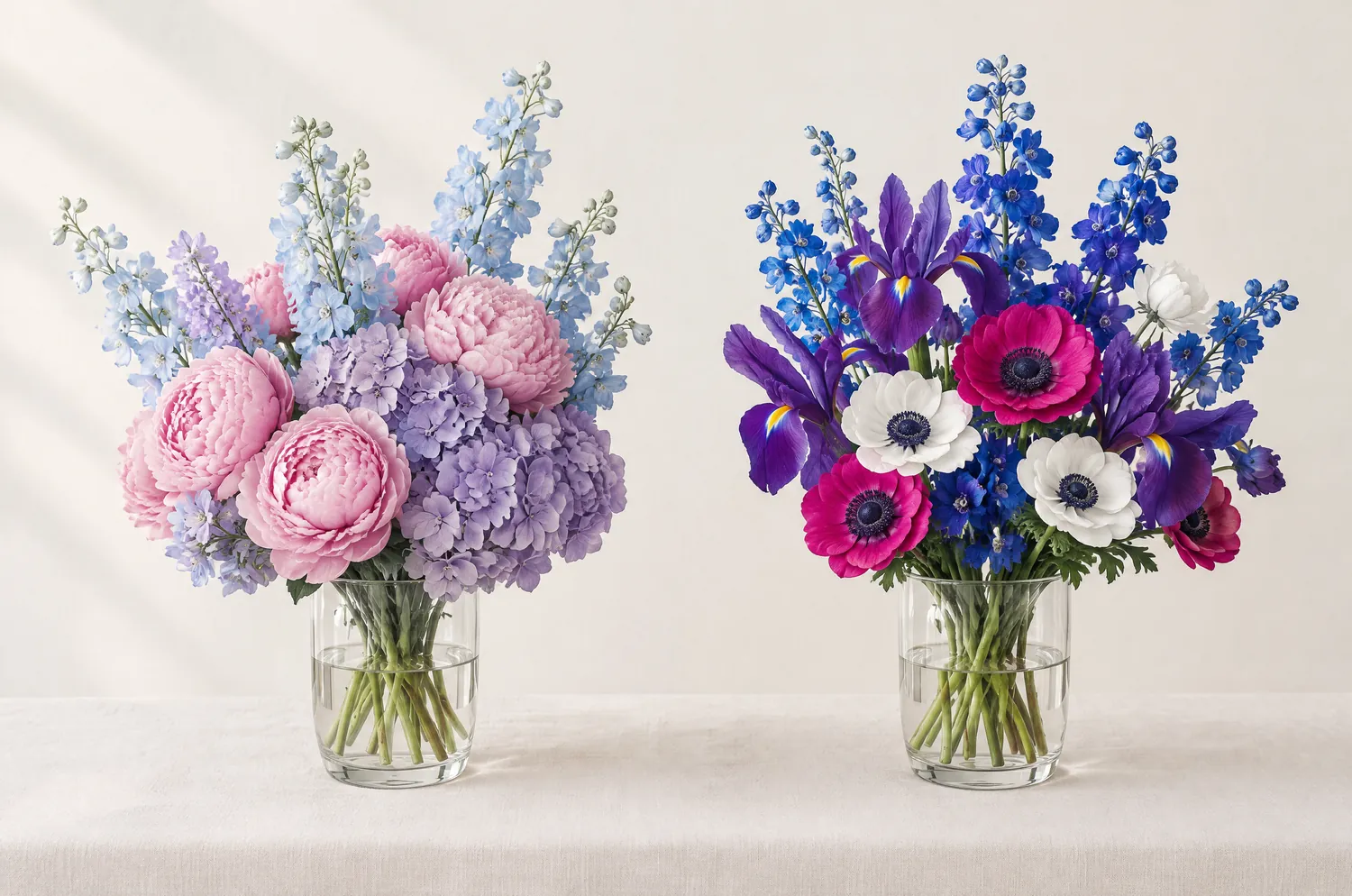 Deux vases en verre : à gauche des pivoines roses, hortensia lilas et delphinium bleu pâle, à droite des anémones fuchsia, iris violets et delphinium cobalt