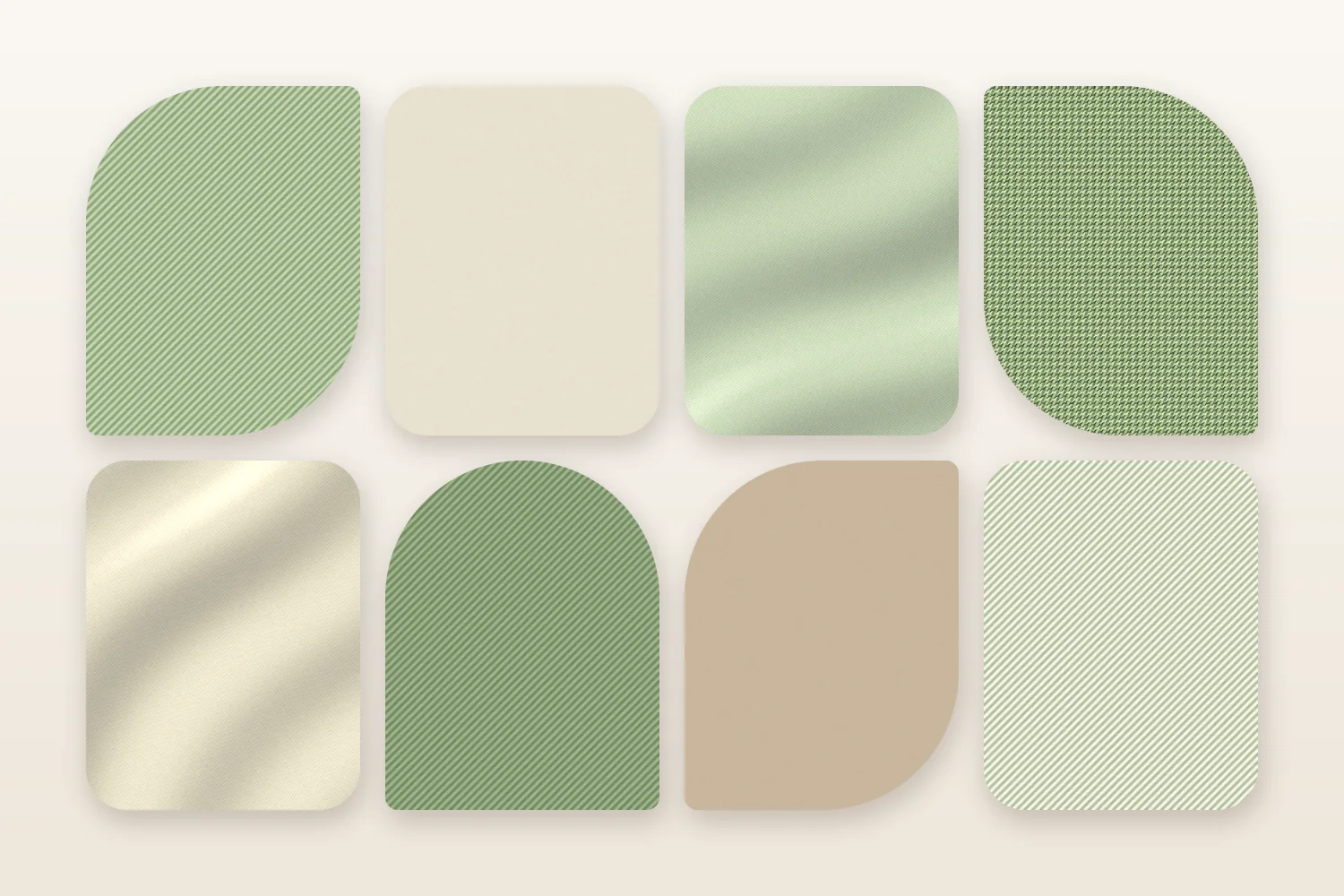Huit pastilles de tissu vert sauge, crème et sable : des sergés, un tissage, des satins doux et des aplats, pour évoquer le toucher soyeux du lyocell