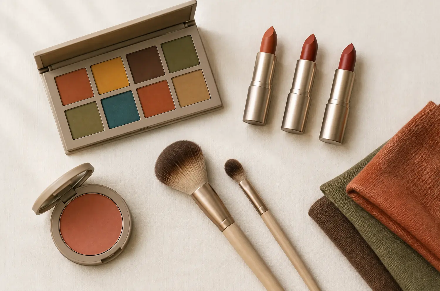 Rouges à lèvres, fards et blush aux teintes terracotta et olive de la saison automne