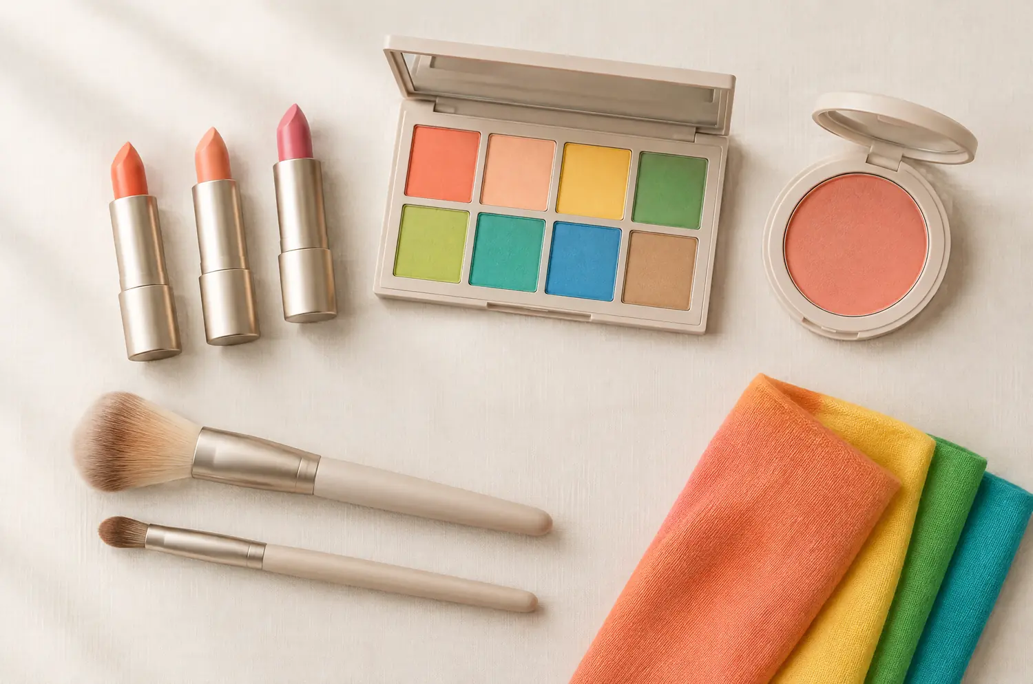 Rouges à lèvres, fards et blush aux teintes corail et pêche de la saison printemps
