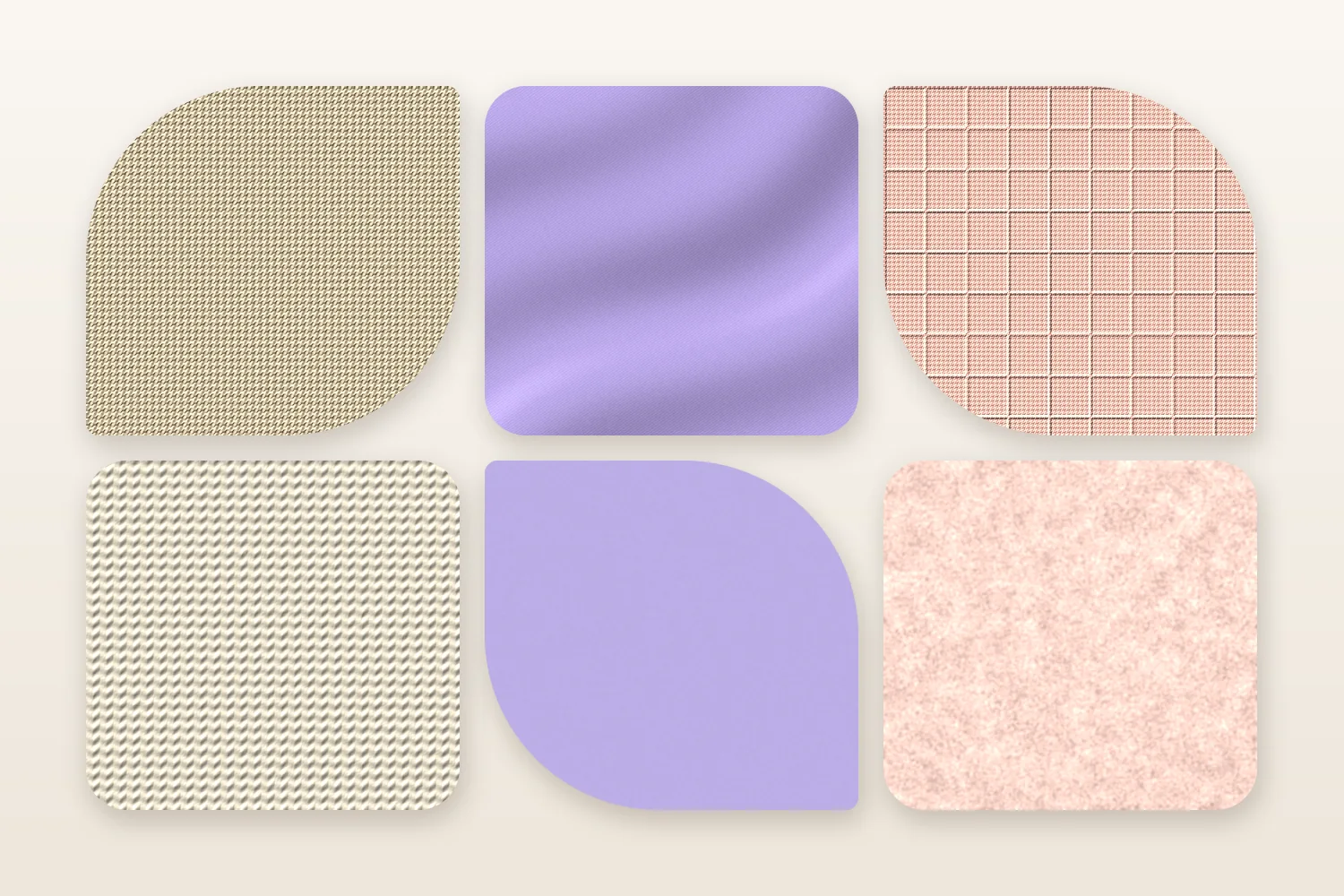 Six pastilles de tissu en trois couleurs : un tissage et une maille beige pour les matières naturelles, un satin et un aplat lavande pour les artificielles, un tissu quadrillé et une polaire pêche pour les synthétiques