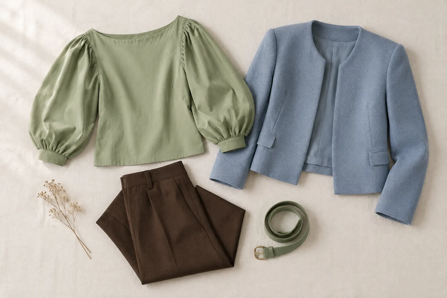 Blouse vert sauge à manches bouffantes, veste courte bleu doux, pantalon brun foncé plié et ceinture vert sauge enroulée, avec un brin de gypsophile séché