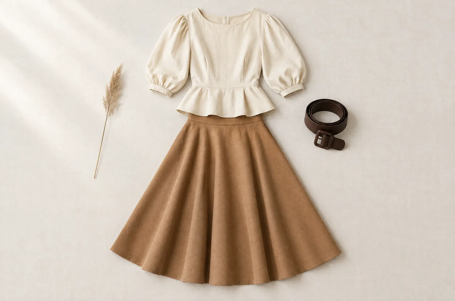 Blouse crème à manches bouffantes et basque, jupe évasée taille haute camel et large ceinture en cuir brun, posées à plat avec un épi d’herbe séchée