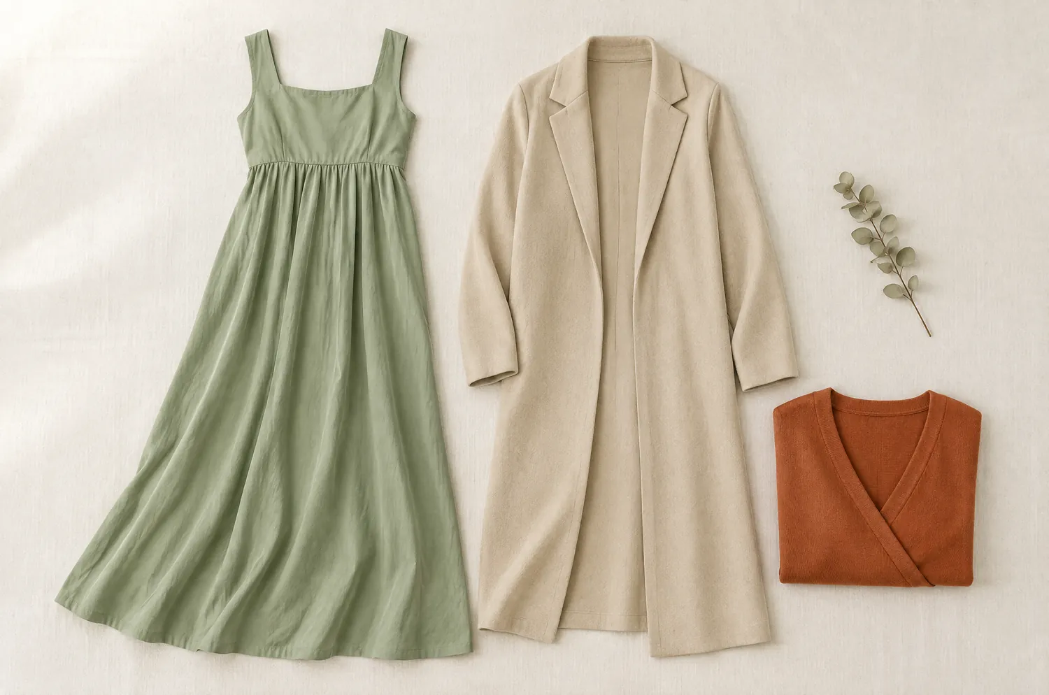 Robe empire vert sauge, long gilet ouvert beige et pull croisé terracotta plié, avec une branche d’eucalyptus séché