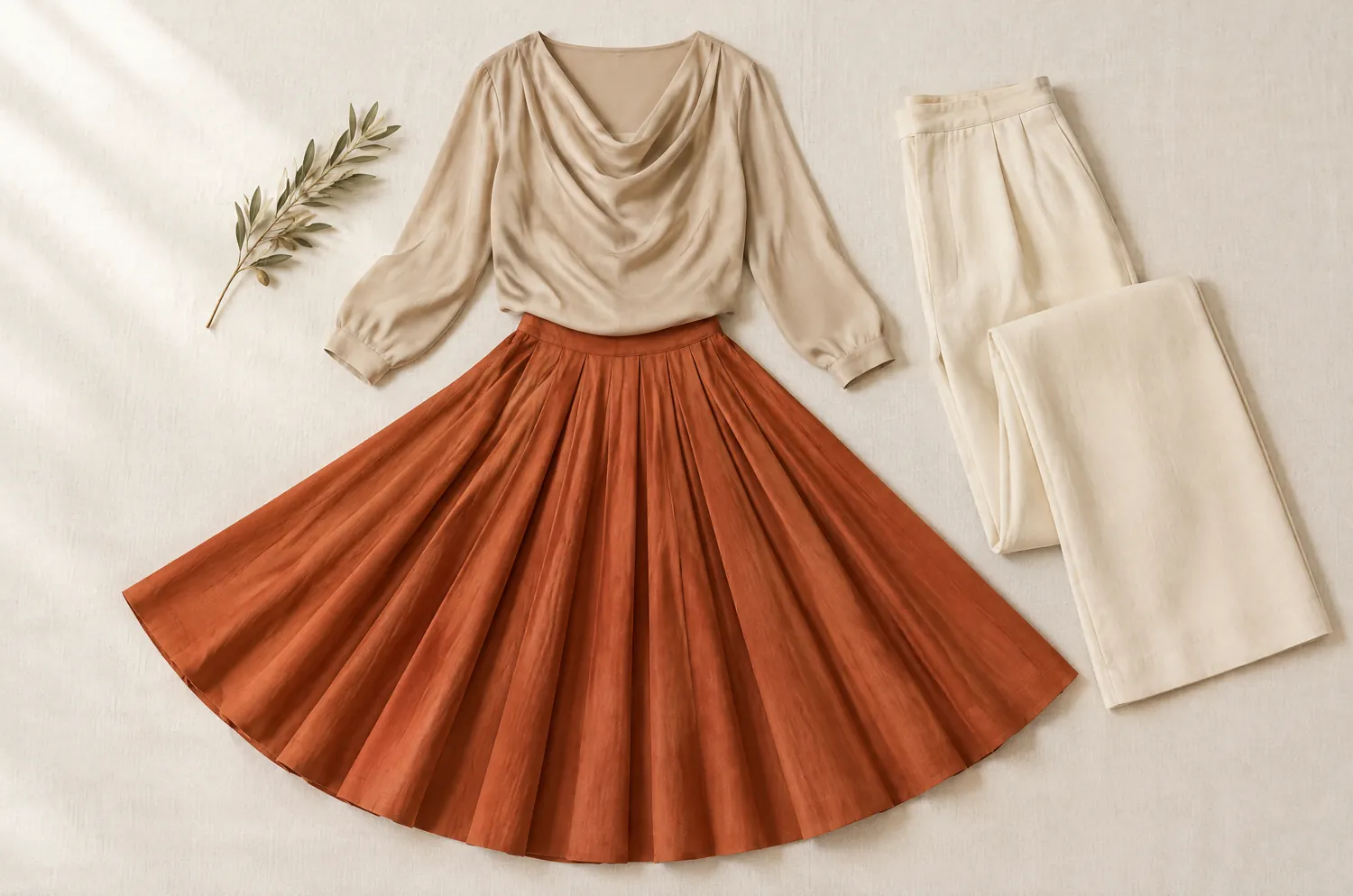 Jupe plissée terracotta déployée en éventail, blouse drapée beige et pantalon large crème plié, avec une branche d’olivier séchée