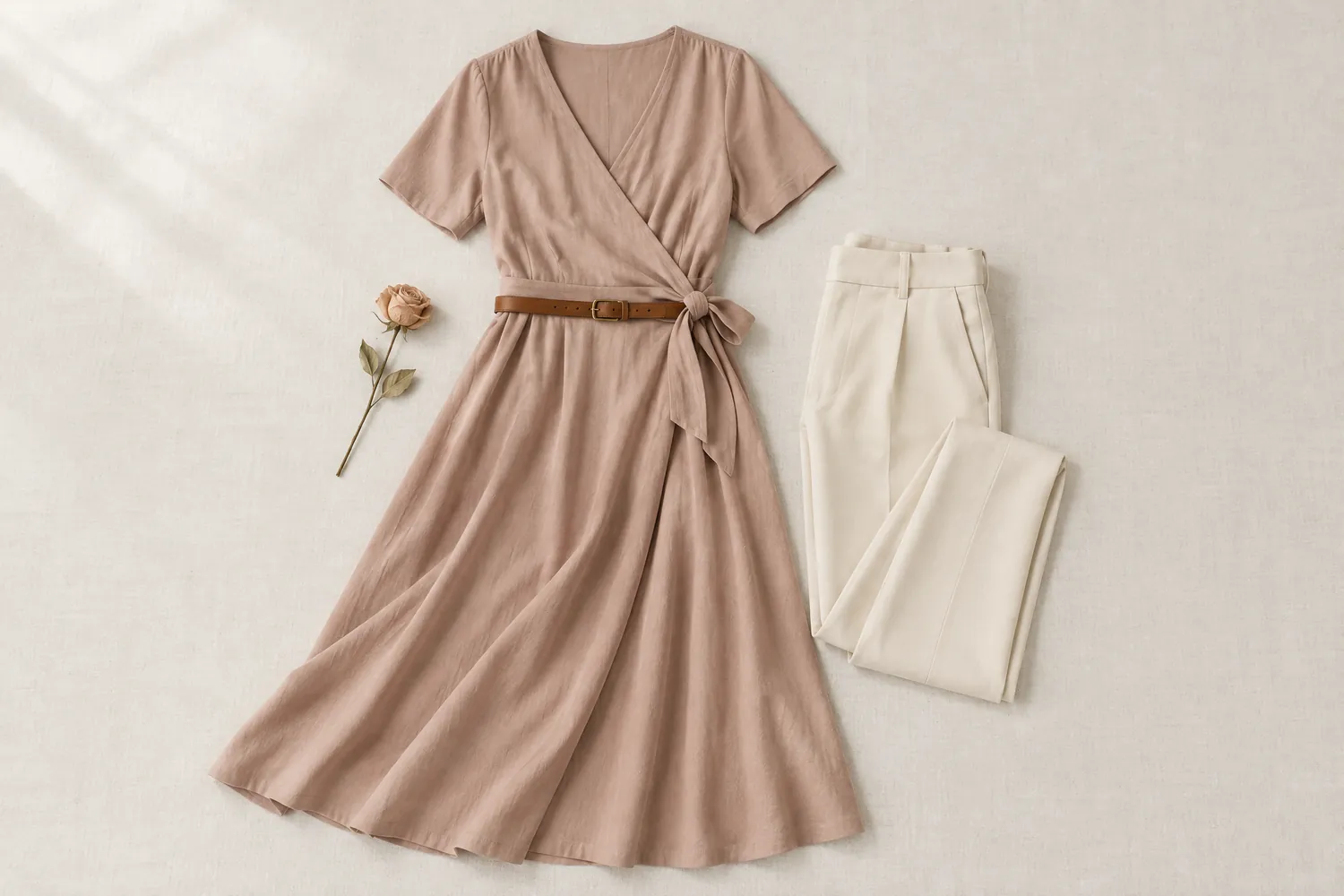 Robe portefeuille rose beige nouée à la taille avec une ceinture en cuir cognac, pantalon taille haute crème plié et une rose séchée