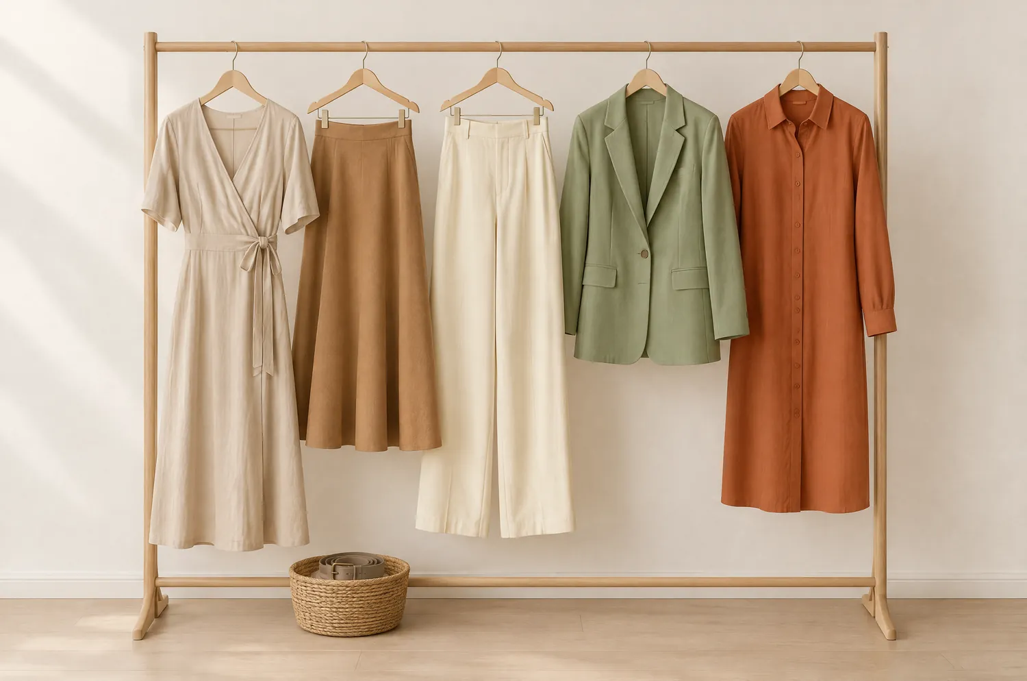 Portant à vêtements en bois clair avec cinq pièces de coupes différentes : robe portefeuille beige, jupe évasée camel, pantalon large crème, blazer vert sauge et robe chemise terracotta, un panier tressé avec une ceinture roulée dessous