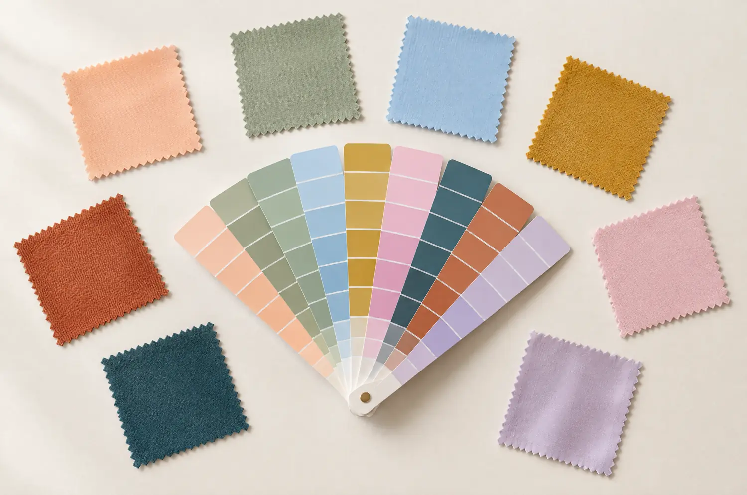Éventail de nuancier papier entouré d’échantillons de tissu aux bords crantés dans des teintes assorties