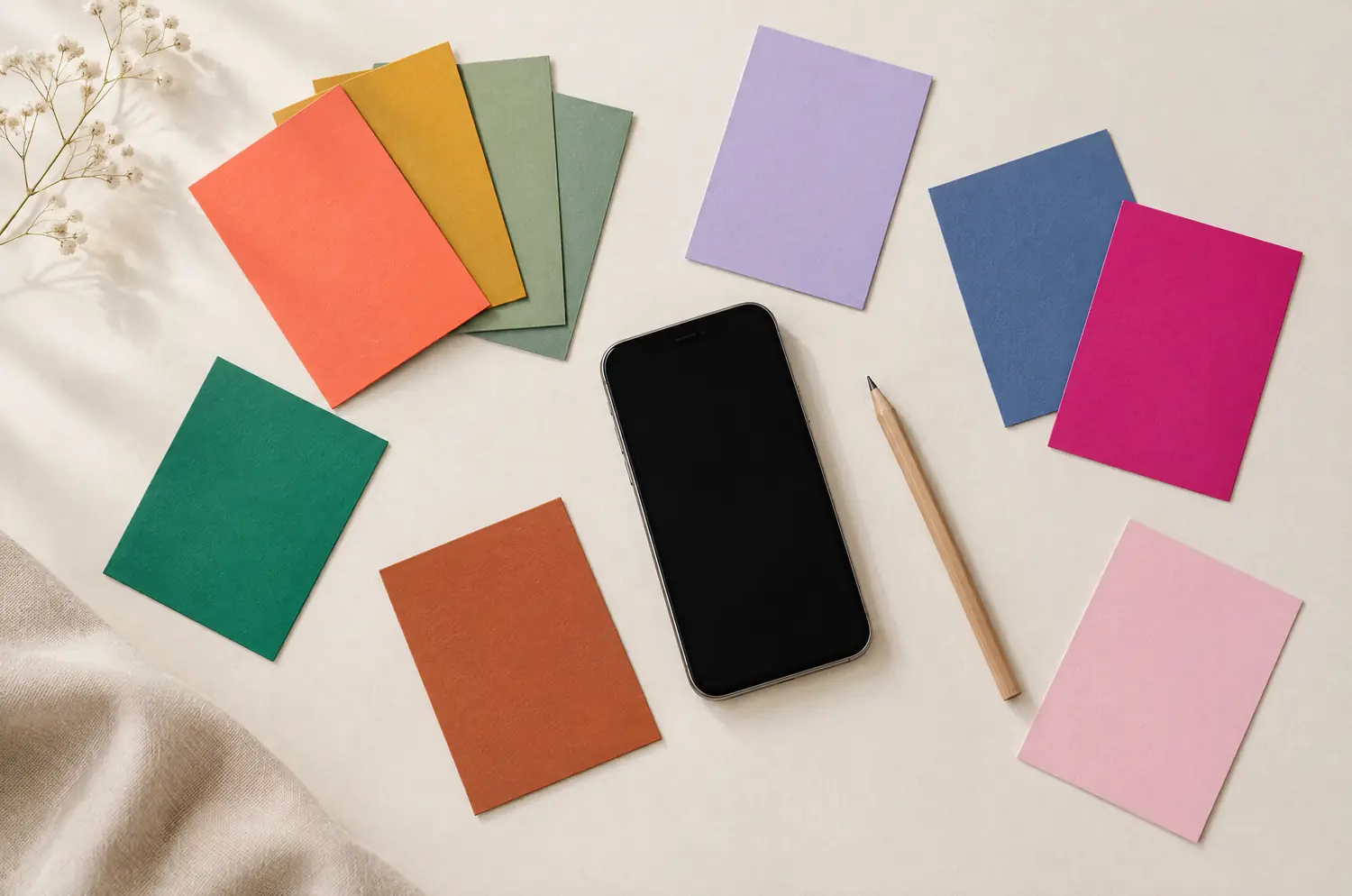 Cartes de couleurs étalées sur un bureau avec un téléphone éteint et un crayon