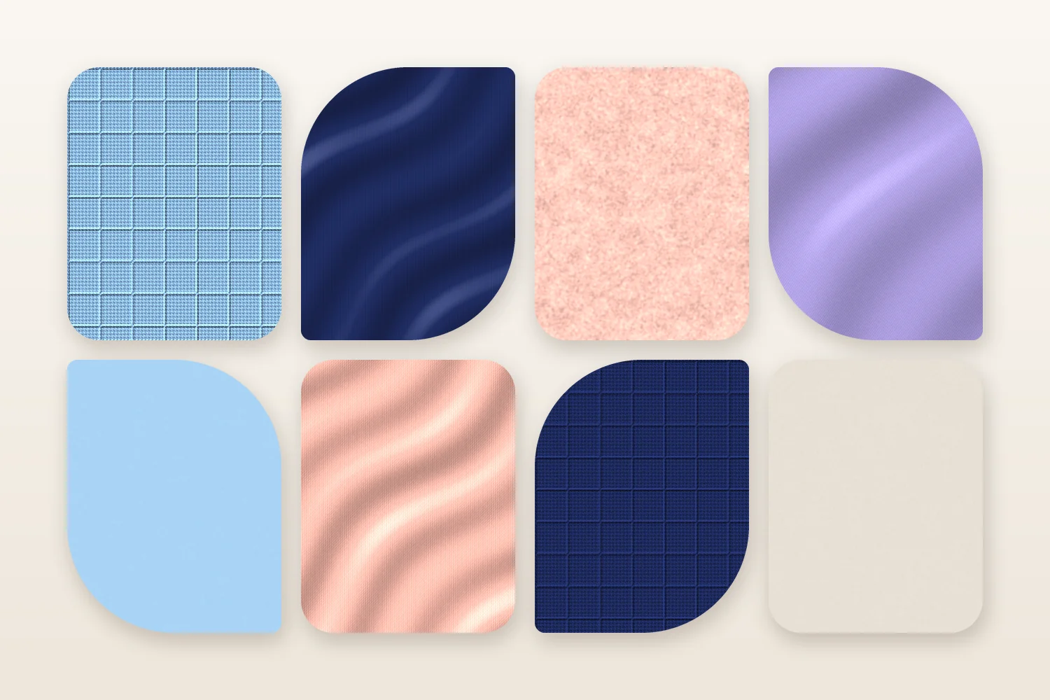 Huit pastilles de tissu bleu ciel, bleu marine, pêche et lavande : des tissus quadrillés résistants, un taffetas brillant, une polaire et des aplats, pour évoquer les matières synthétiques