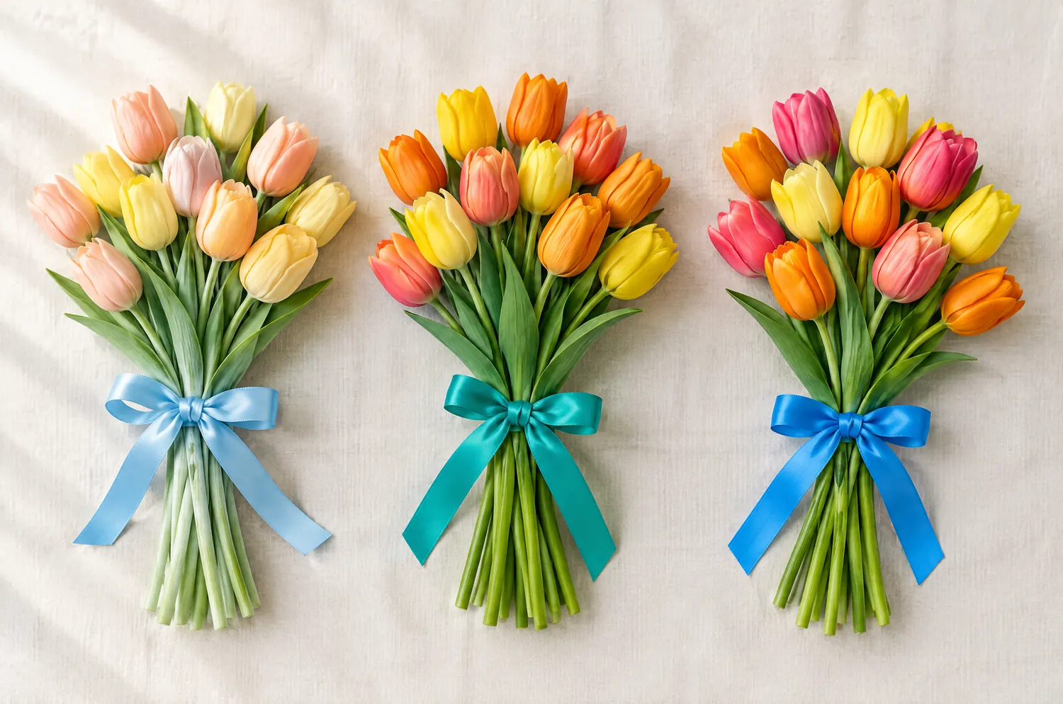 Trois bouquets de tulipes couchés côte à côte : pêche et jaune beurre, corail et orange doré, rose pastèque et mandarine vifs, pour les trois printemps
