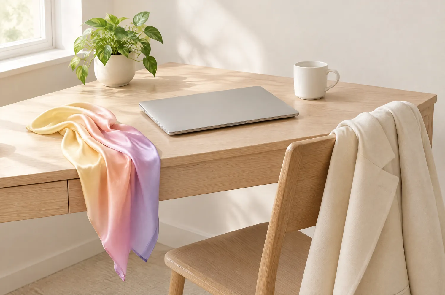 Petit bureau de télétravail près d’une fenêtre : ordinateur fermé, mug, plante, foulard de soie pastel et blazer crème posé sur le dossier d’une chaise