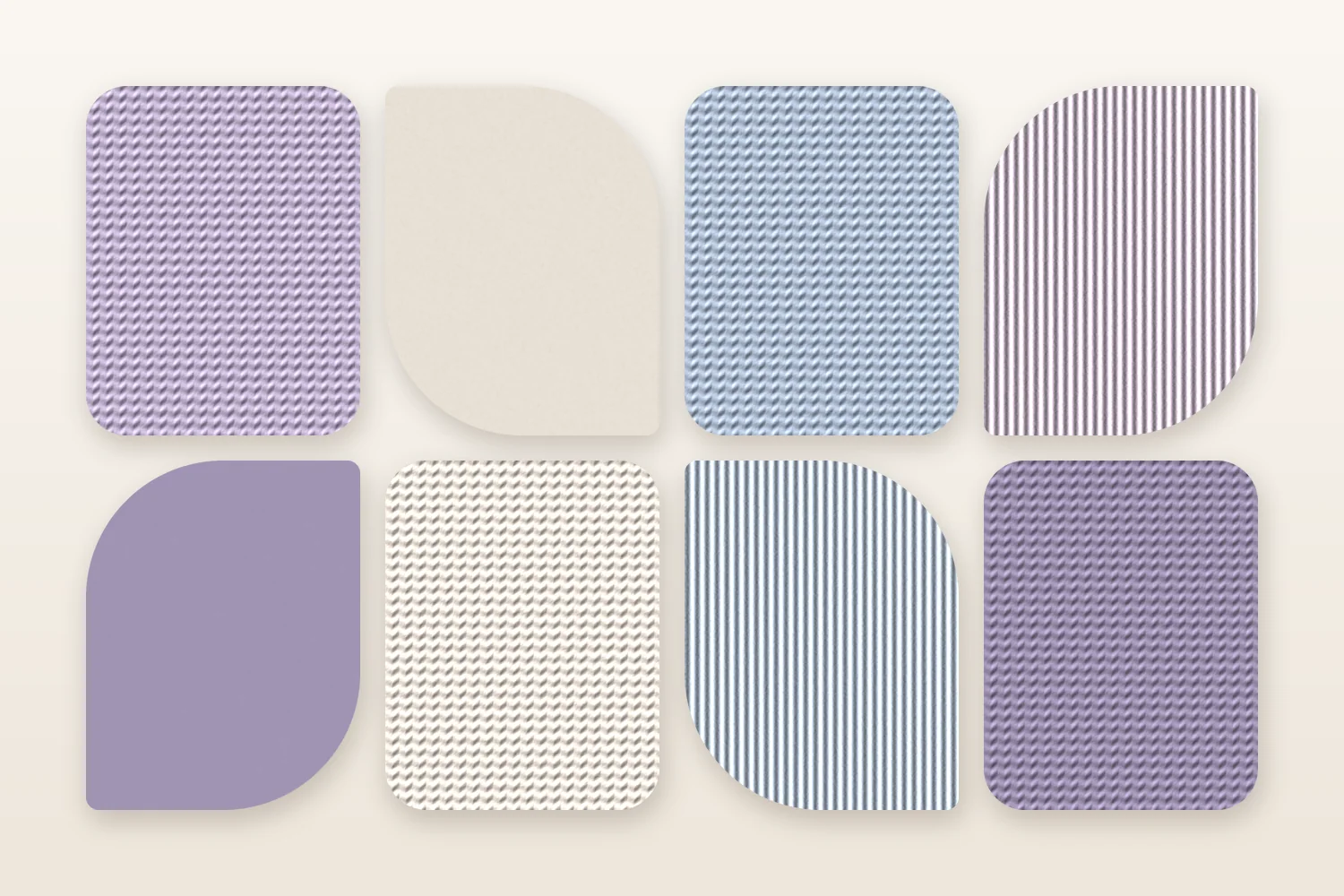 Huit pastilles de tissu mauve, bleu doux et crème : des mailles jersey, des côtes et des aplats, pour évoquer la douceur et la tenue du modal