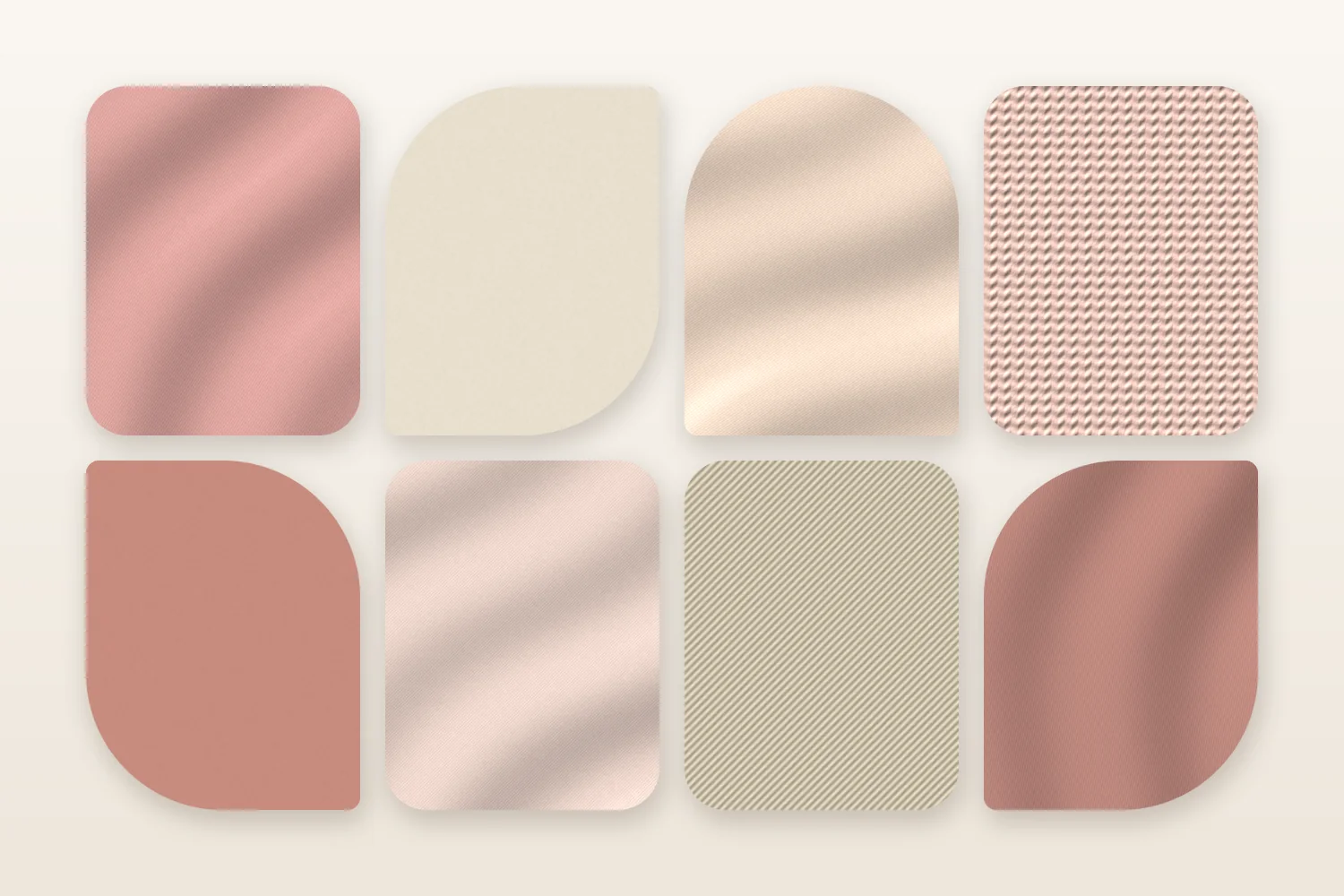 Huit pastilles de tissu rose poudré, sable et ivoire : des satins aux plis fluides, une maille, un tissage en diagonale et des aplats, pour évoquer la fluidité de la viscose