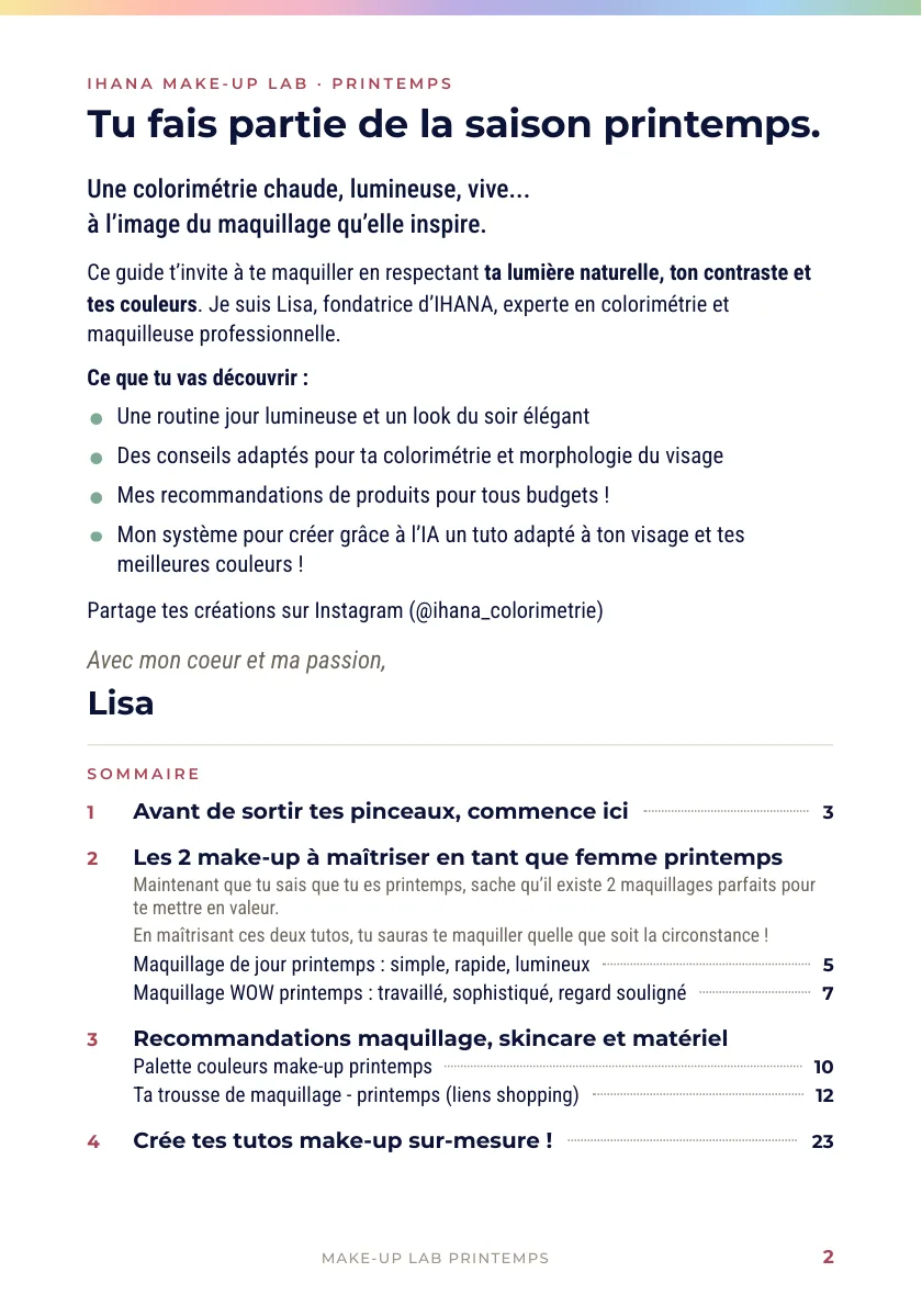 Make-up Lab printemps, page 2 : le mot de Lisa, ce que tu vas découvrir et le sommaire