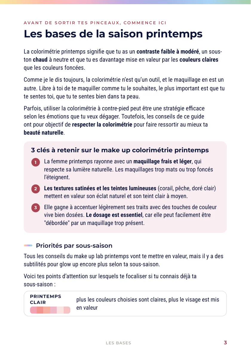 Make-up Lab printemps, page 3 : les bases de la saison, les trois clés à retenir et les priorités de chaque sous-saison