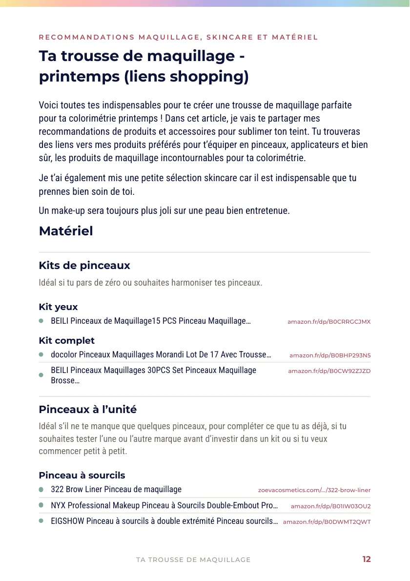 Make-up Lab printemps, page 12 : ta trousse de maquillage, les kits de pinceaux et les pinceaux à l’unité, chaque produit avec son lien