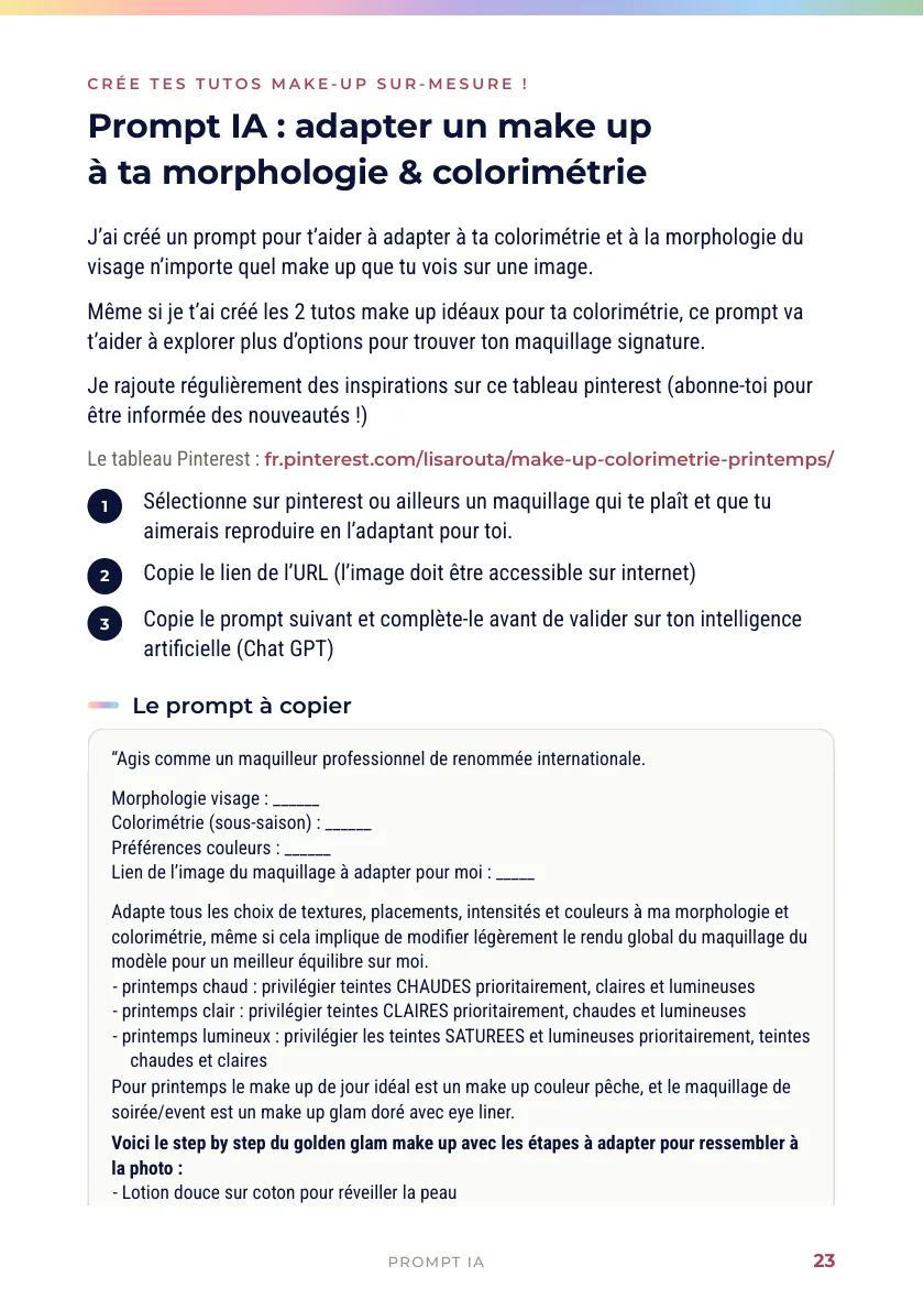 Make-up Lab printemps, page 23 : le prompt à copier dans une IA pour adapter un maquillage à ton visage et à tes couleurs