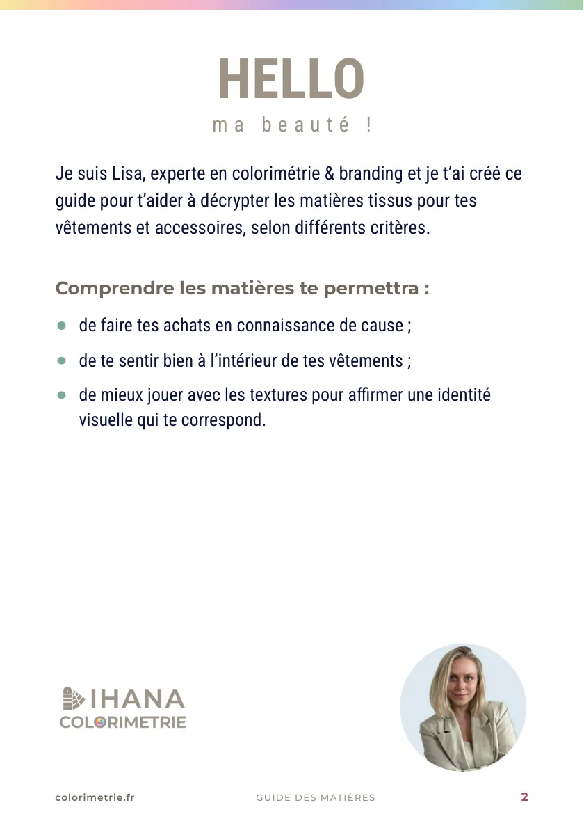 Guide des matières, page 2 : le mot de Lisa, « Hello ma beauté »