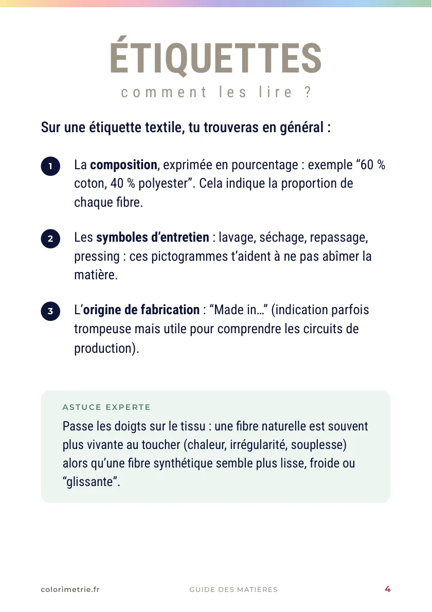 Guide des matières, page 4 : comment lire une étiquette textile, avec la composition, les symboles d’entretien et l’origine