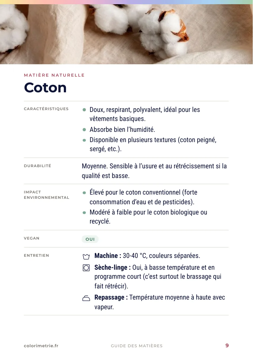 Guide des matières, page 9 : la fiche du coton, avec ses caractéristiques, sa durabilité, son impact environnemental et son entretien