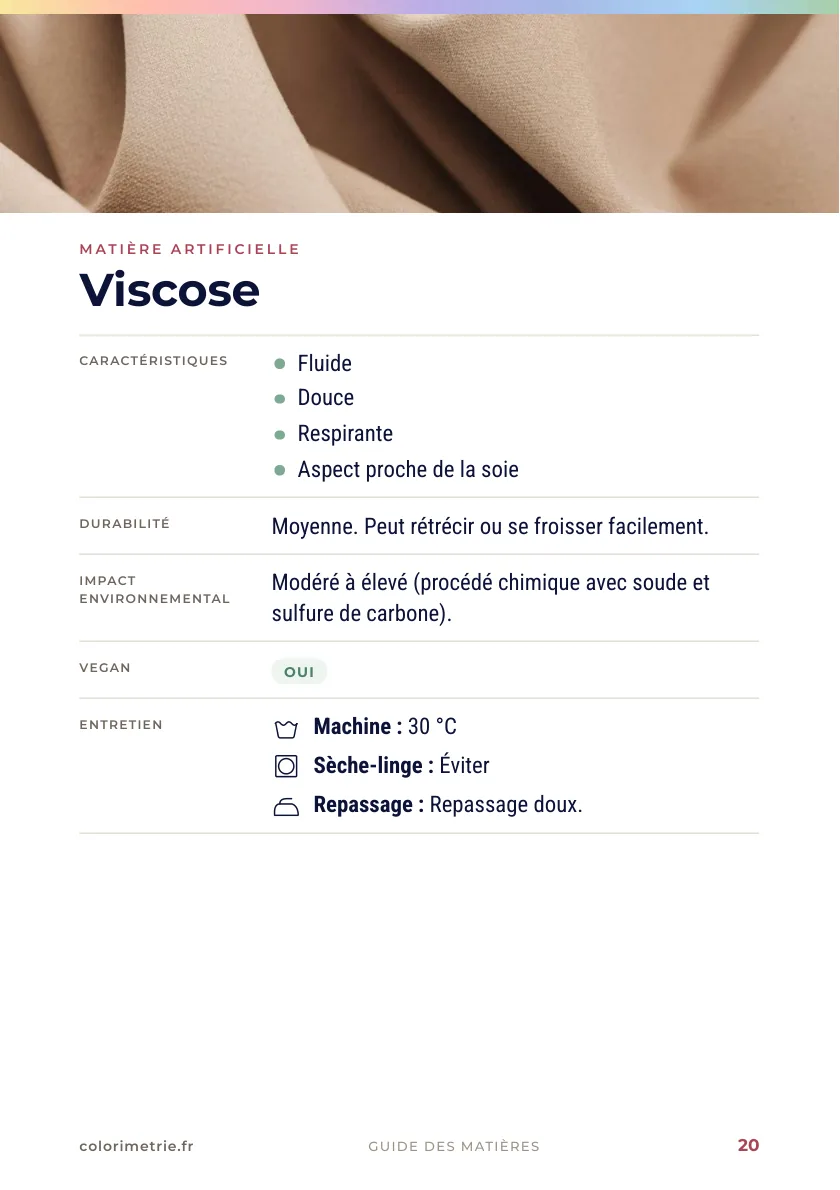 Guide des matières, page 20 : la fiche de la viscose, avec ses caractéristiques, sa durabilité, son impact environnemental et son entretien